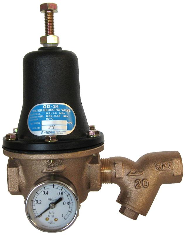ヨシタケ 減圧弁 冷温水用 ねじ込み接続 接続口径15A 本体CAC 二次側圧力0.05MPa～0.55MPa 型式GD-24-GS 15A製造国:日本適用流体：冷温水一次側圧力範囲：0.2～1.6MPa二次側圧力範囲：0.05～0.55MPa最小差圧：0.05MPa最大減圧比：10：1流体温度：5～80℃（70℃以上の連続使用は避けて下さい。）弁箱：青銅　弁体：ウレタンゴム　弁座：ステンレス鋼　ダイヤフラム：NBR