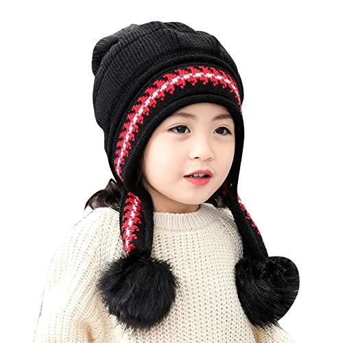 [Mskikefly] ニット帽 キッズ 子供 冬 かわいい 耳当て 帽子 裏起毛 防寒 ニットキャップ 女の子 綿 ポンポンつき 暖かい ハット 2-6歳 自転車 アウトドア プレゼント