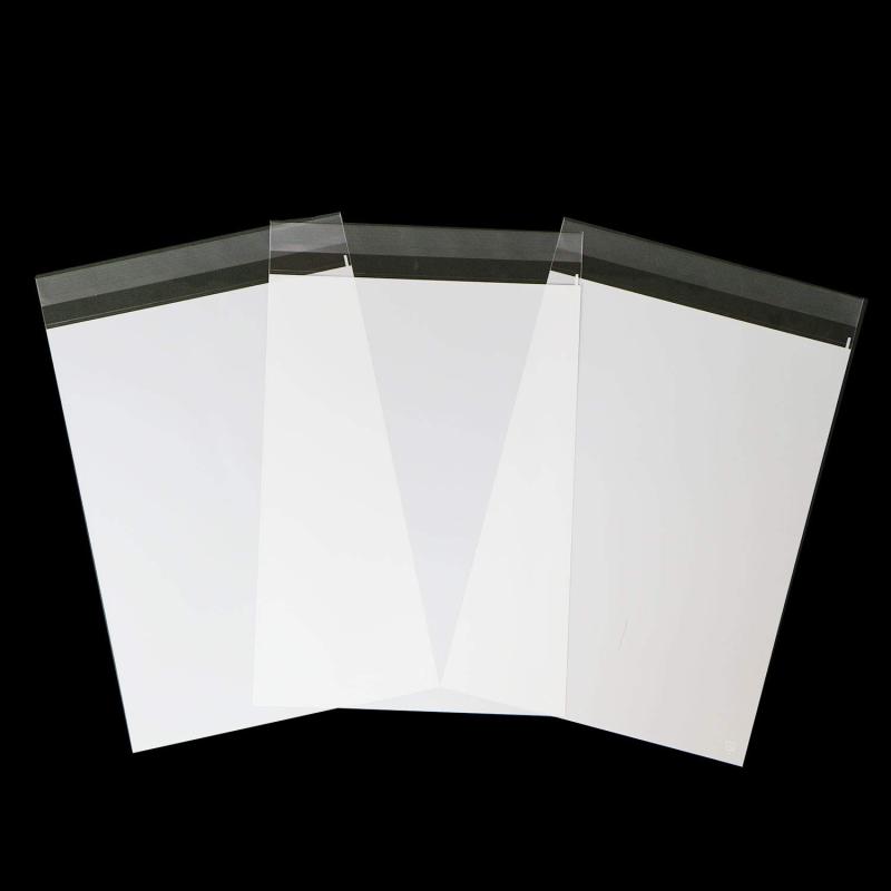 片面白OPP袋 A4用特厚 50ミクロン 225×310+40mm 【100枚】【サイズ】横225×縦310+フタ40mm【材　質】 OPP(オーピーピー)　【枚　数】100枚【カラー】 透明　　 【厚み】 50ミクロン【特　徴】A4用の特厚片面白OPP袋です。210x297mmサイズのDMやチラシ、資料の封入にもぴったり厚さは50ミクロンで丈夫なのに、透明感を失わないのが最大の魅力です。