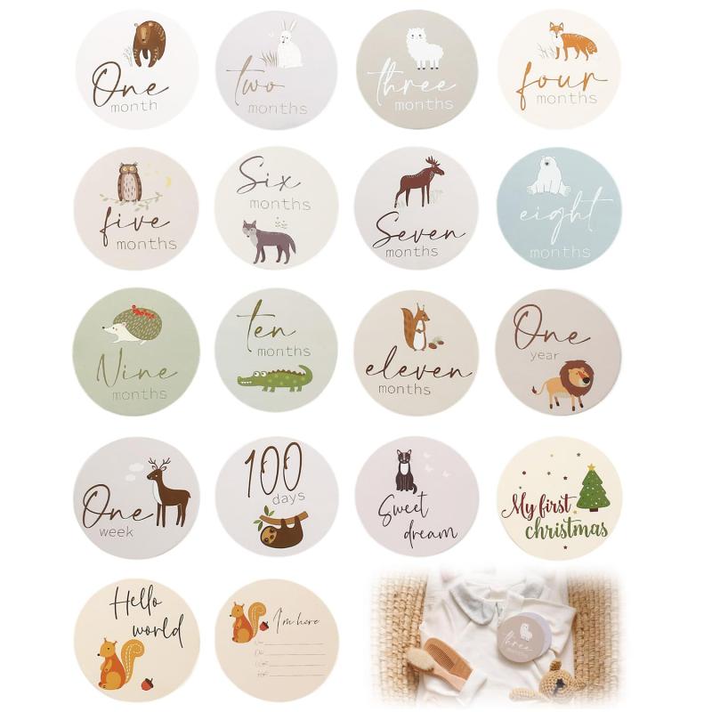 TVETE 月齢フォト 月齢フォトグッズ 【18枚セット】動物のテーマ かわいい漫画 アニマルプリント 新生児 ベビー 成長の記録 記念写真 ..