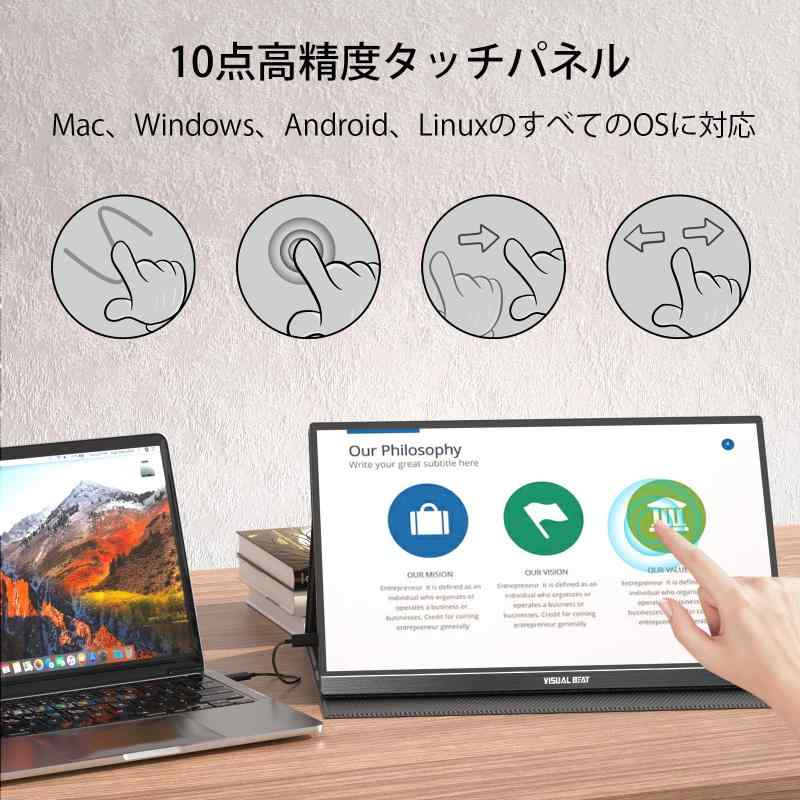 Visual Beat モバイルモニター タッチスクリーン 15.6インチ FHD 1080p USB-C ポータブルモニター IPS液晶パネル 標準HDMI USB2.0 HDR VESA スマートカバー デュアルスピーカー PC/Mac/ノートパソコ