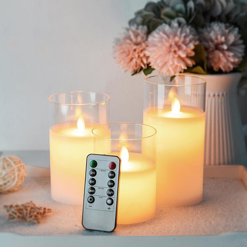 AnnTec LEDキャンドルライト ledグラス ロウソク 本物の炎のようにゆらめく3点セット 暖色光 火を使わない ゆらゆら揺れる 安全 省エネ 専用リモコン付き 明るさ調整 電池式 LEDライト キャンド