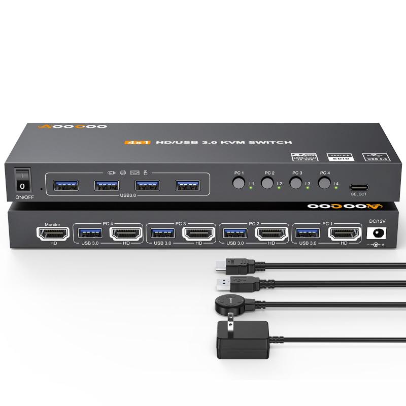 KVM スイッチ HDMI PC 4K/8K、キーボード、マウス、プリンター、コントローラー用の 4 つの USB 3.0 ポート、USB3.0 ケーブル、HDMI ケーブル付属