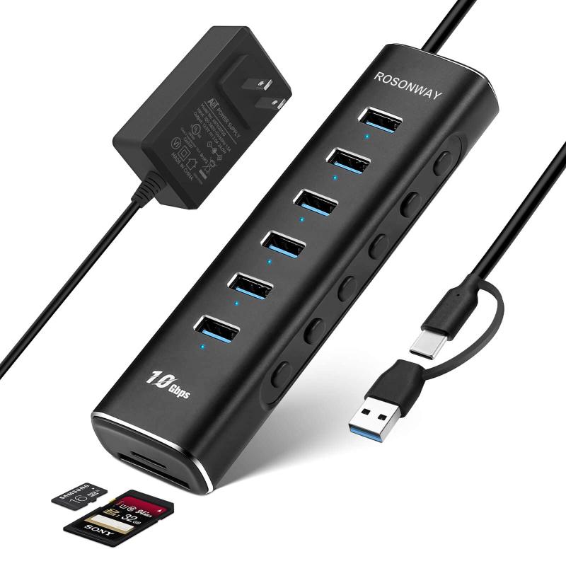 ROSONWAY USB ハブ3.2電源付き10Gbps 8 in 1 USB ハブ Type-C SD/TFスロット,Type Aポートx6 アルミ製 USB Hub 独立スイッチ付き(RSH-A107D)