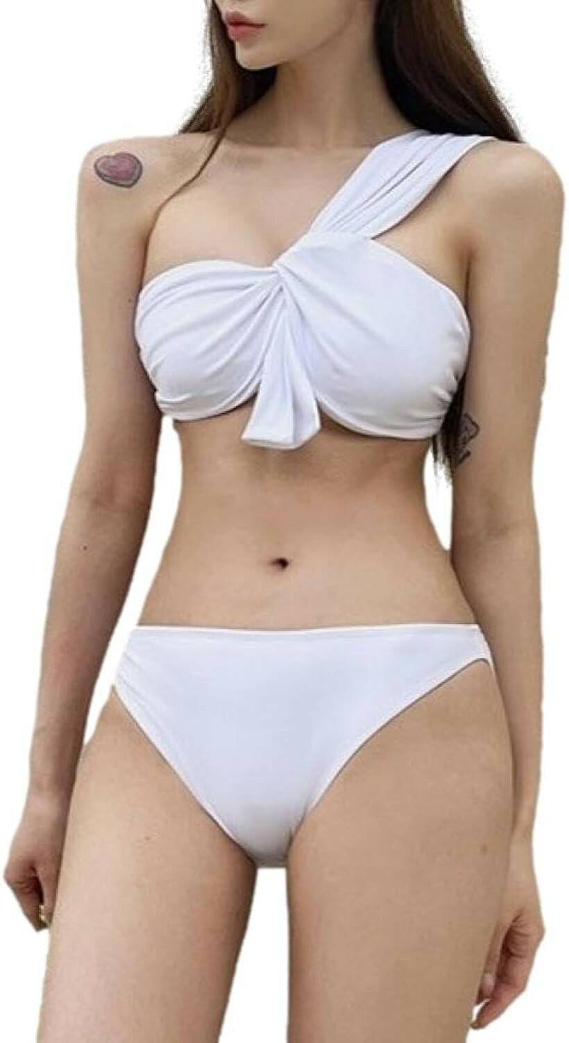 Two-Piece - ビキニ セット 水着 バンドゥ スイムドレス ワンショルダー ローライズ パッド入り ワイヤーなし レディース ED7 ブリア (ホワイト, XL)