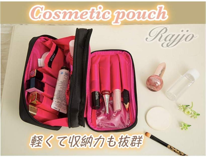化粧ポーチ 二層 ポケット 機能的 ダブル ファスナー メイク コスメ 収納 小物入れ ブラック/ブラック