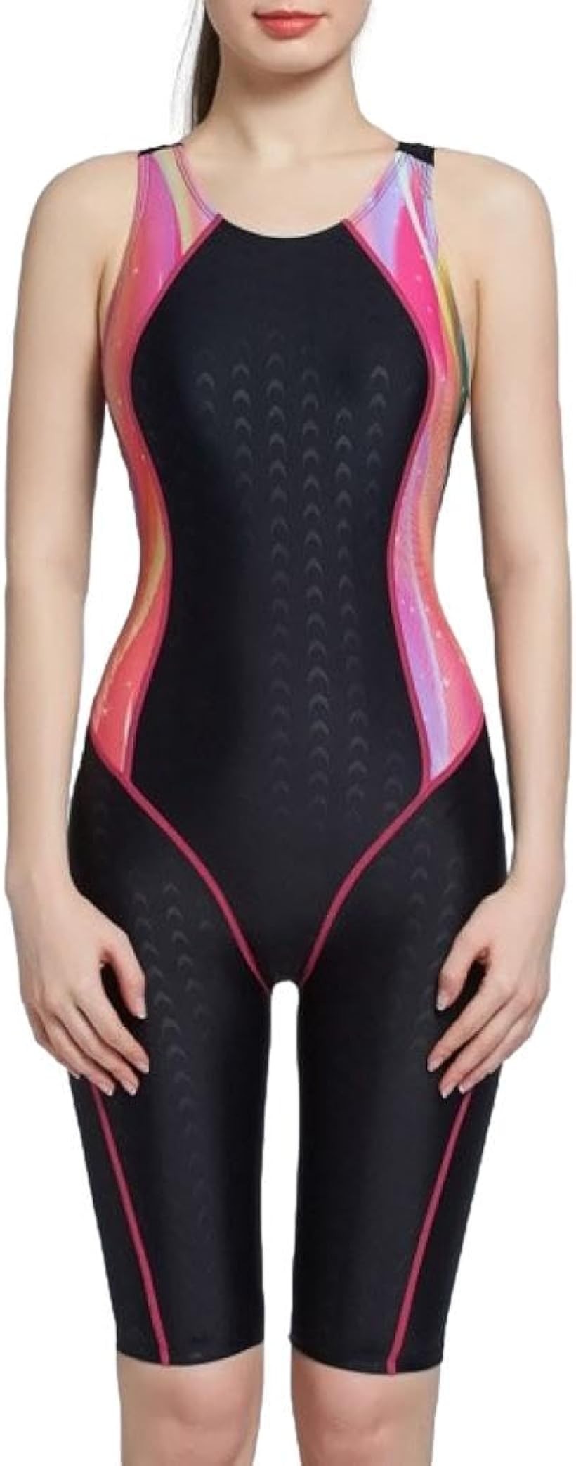 水着 レディース ワンピース トレーニング レーシング スイムドレス ノースリーブ ミッドレッグ パッドあり (ブラックレインボー, M)