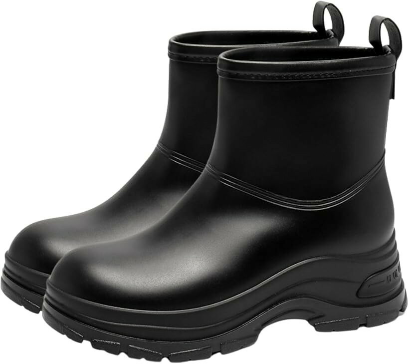 レインブーツ レディース 厚底 防水 レインシューズ カジュアルブーツ ショート (ブラック, 25.5 cm)