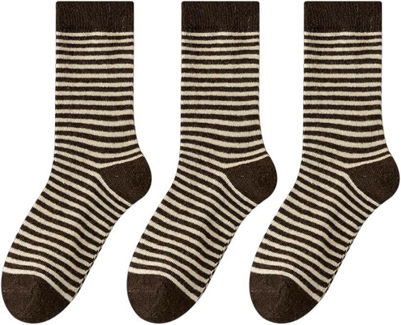 Rakuten - ソックス レディース ボーダー 茶色 ブラウン 靴下 3足セット (細いストライプ柄3足セット, Free Size)