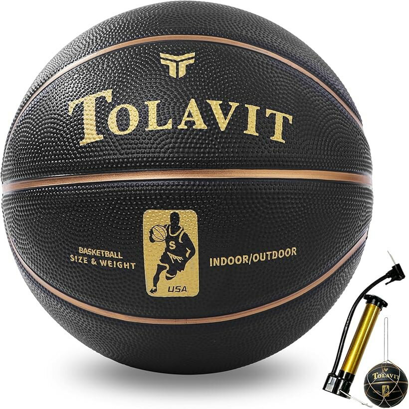 バスケットボール ボール入れ 空気入れ付き 屋外 屋内 basketball 練習 トレーニング 初心者 中級者 (ブラック　ゴールド, 7号)