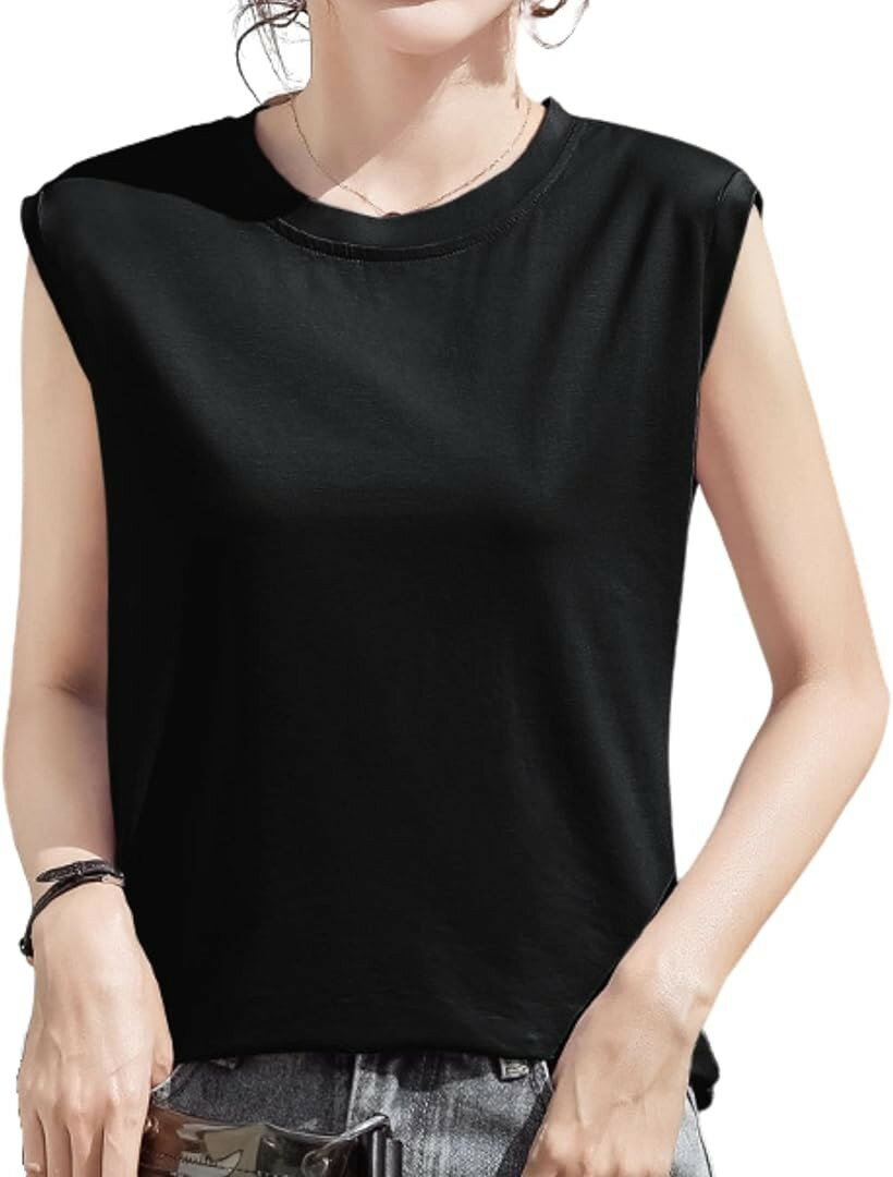 さらっと快適な着心地 ノースリーブ レディース tシャツ 無地 タンクトップ 速乾 涼しい 袖なし ストレッチ ラウンドネック フレンチスリーブ 夏 トップス しわになりにくい (ブラック, 2XL)
