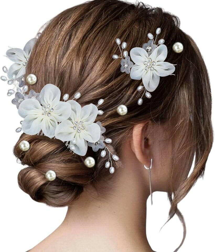 髪飾り ヘアアクセサリー 結婚式 ヘッドドレス ヘアピン パール 髪留め 花 お呼ばれ 発表会 コーム まとめ髪 パーティー ヘアアレンジ (シルバー)