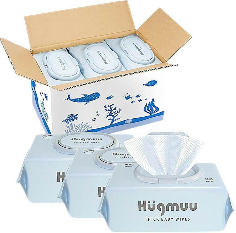 Hugmuu ハグムー おしりふき 厚手 おしり拭き 大判 蓋付き お尻拭き 赤ちゃん ベビーワイプ ウェットティッシュ 出産祝い タオルのような厚み 水分99% (厚手9個セット)