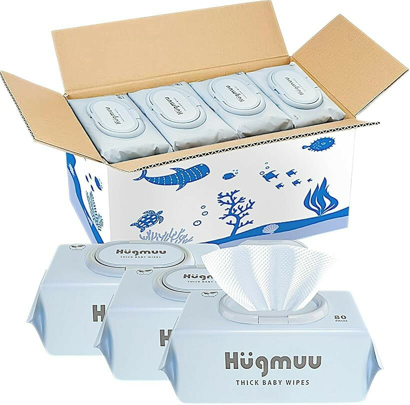 Baby Wipes - Hugmuu ハグムー おしりふき 厚手 おしり拭き 大判 蓋付き お尻拭き 赤ちゃん ベビーワイプ ウェットティッシュ 出産祝い タオルのような厚み 水分99% (厚手12個セット)