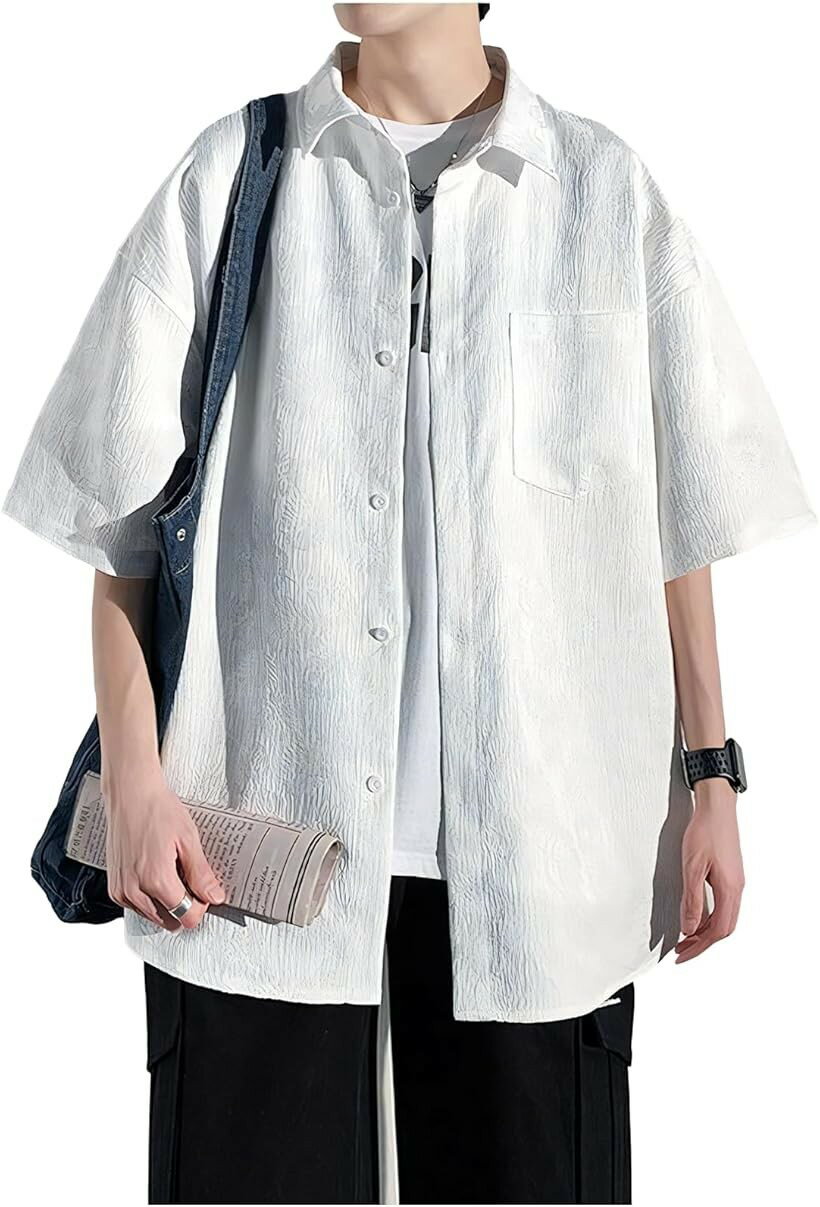 樂天商城 - クロス 半袖シャツ メンズ ボタニカル カジュアルシャツ ゆったり 総柄シャツ 大きいサイズ オシャレ カラーシャツ 襟付き 薄手 韓国 ファッション ストリート 大人 シンプル ビジネス 襟付きシャツ ポケット (ホワイト, M)