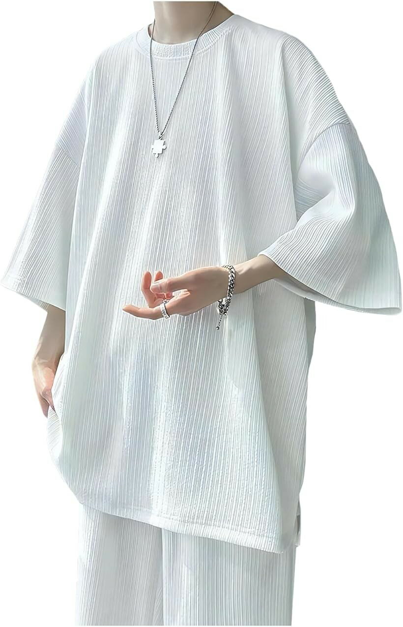 Rakuten - クロス 五分袖 tシャツ メンズ 夏 薄手 半袖 無地 ゆったり 大きいサイズ オーバーサイズ ビッグシルエット スポーツ ストリート カジュアル お洒落 トレーニング 韓国 ファッション 5分袖 (ホワイト, M)