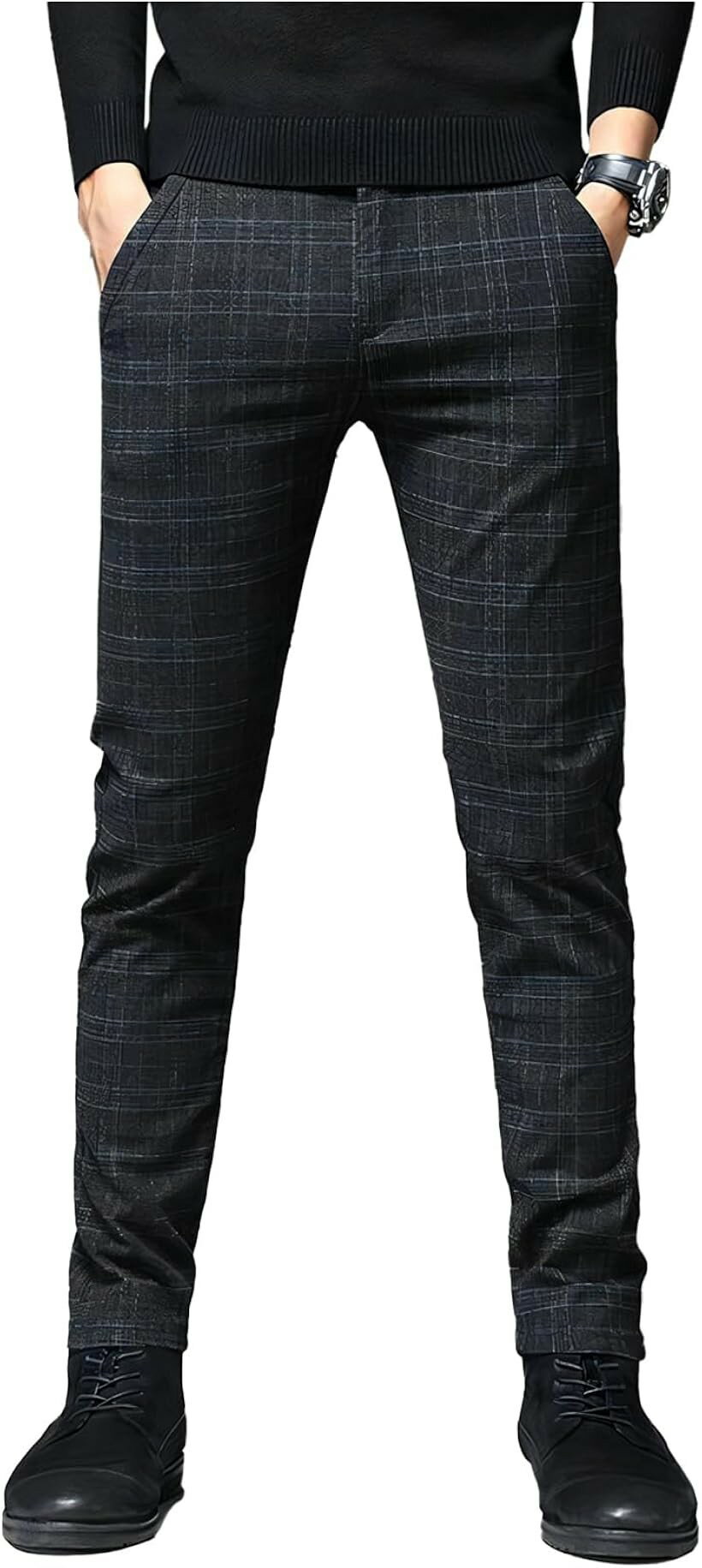 Rakuten - クロス チノパン メンズ 大きいサイズ 裾上げ済み スラックス ビジネス ノータック ビジネスパンツ ストレート 仕事着 カジュアル ズボン 通勤 ファスナー オシャレ ポリエステル 格子柄 オフィス ビジカジ (ブラック, XL)
