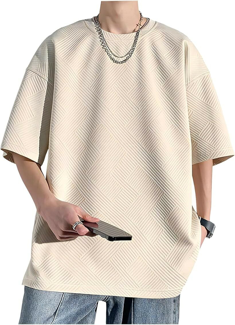 Rakuten - クロス ゆったりtシャツ 半袖 メンズ 大きめ 無地 透けない オーバーサイズ 五分袖 ポリエステル 丸首 おしゃれ カジュアル クルーネック ビッグ シルエット 韓国 かっこいい デザイン トップス ストリート (ベージュ, 2XL)