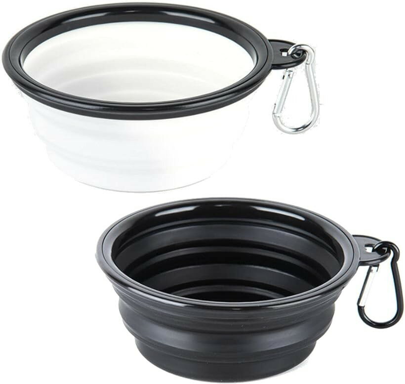 Tableware - ペットボウル 折りたたみ式 カラビナ 携帯 持ち運び コンパクト 水飲み皿 2個セット ブラック/ホワイト (ブラック/ホワイト)