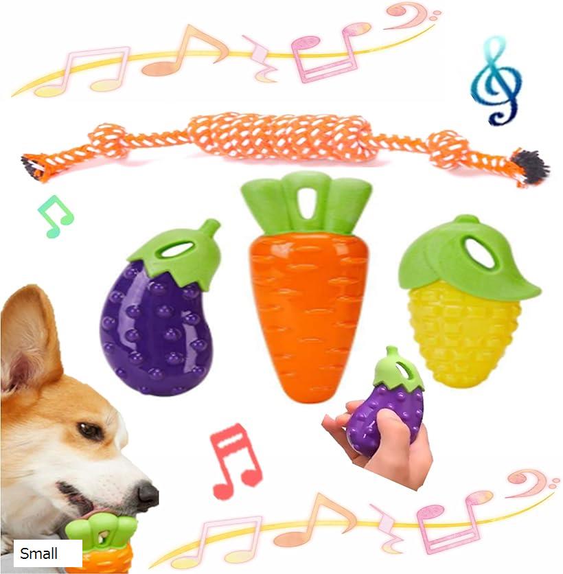 犬 音の出る 噛む おもちゃ ナス、コーン、ニンジンの3点セット+おまけ1個 歯の健康 耐久性 運動不足 ..