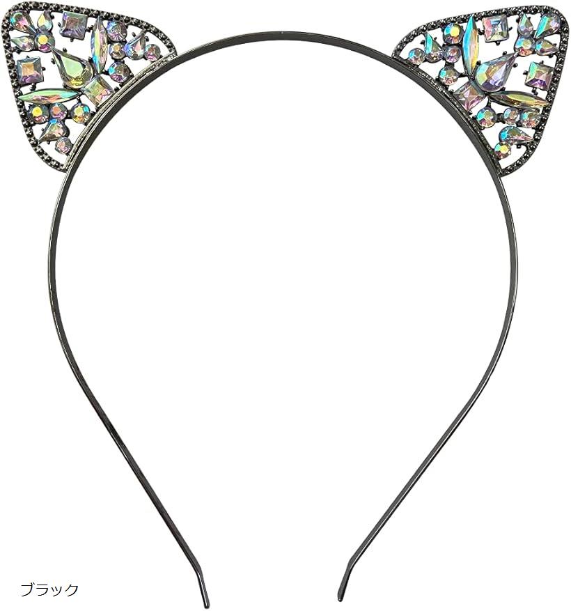 レディース 猫耳 カチューシャ ビジュー 仮装 舞台 発表会 ダンス パーティー イベント ゴールド シルバー ブラック(3)