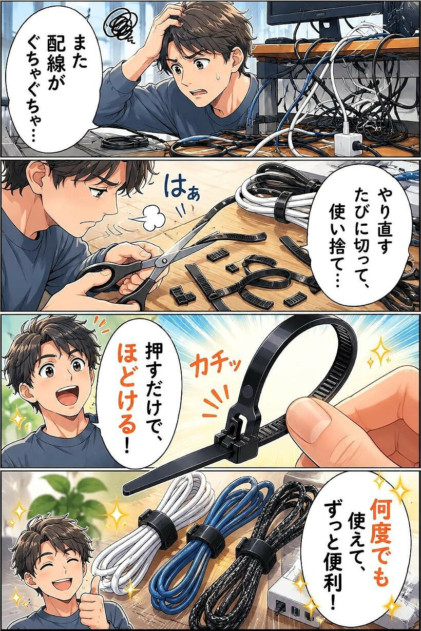 結束バンド 繰り返し使える 再利用 リピート ケーブル 屋外 100本セット 300 x 7.5...