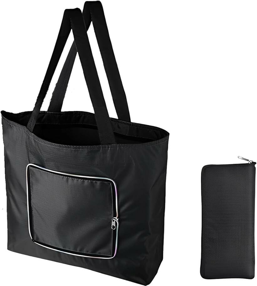 Tote Bag Type - エコバッグ 折り畳み 大容量 ファスナー付きエコバッグ 肩掛け 人気 ブラック (ブラック)