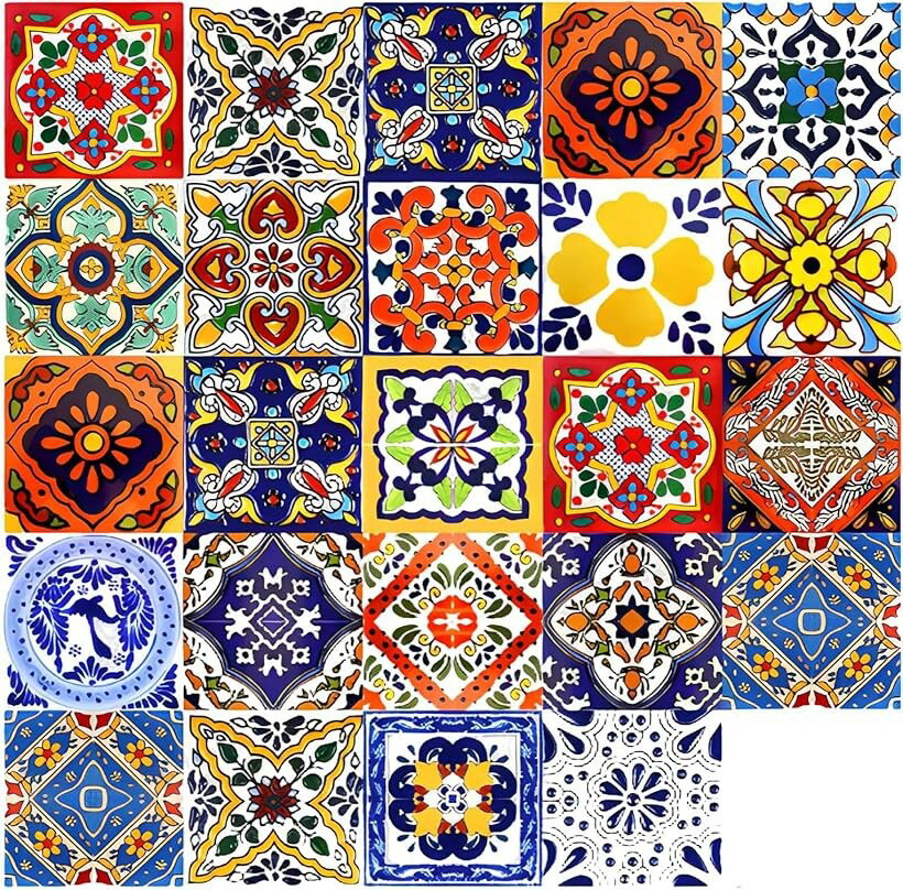 タイルシール 壁紙シール アンティーク キッチン 防水 10x10cm 24枚セット (カラフル, 10x10cm)