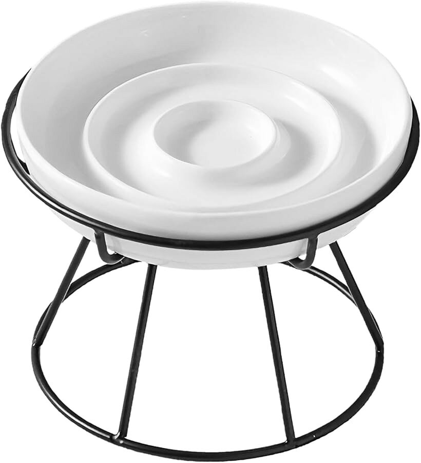 Tableware - ペットボウル 陶器 早食い防止 餌皿 犬 小型犬 猫 スロー フードボウル スタンドセット (浅型, スタント゛付き)