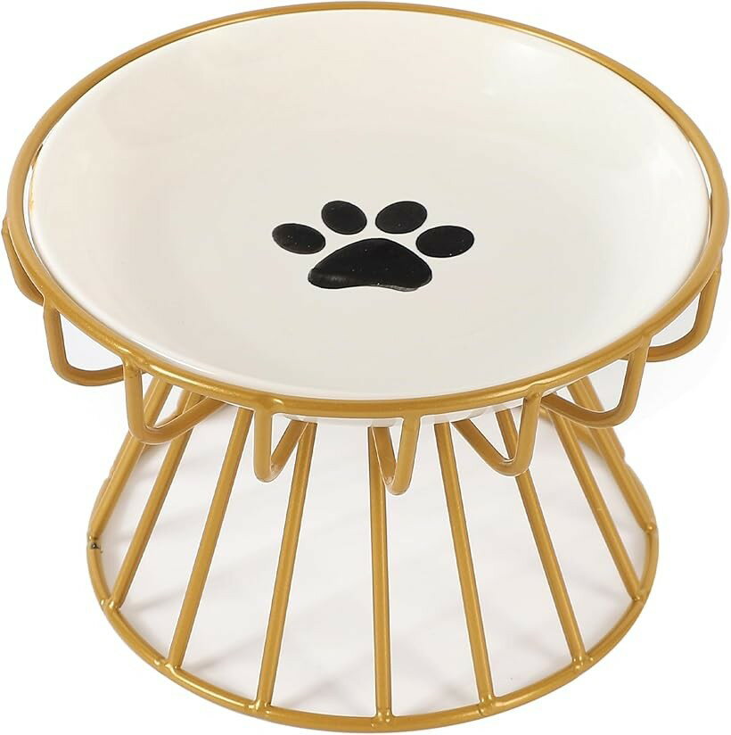 Tableware - フードボウル 犬 猫 おしゃれ ペット 食器 お皿 スタンド付き 餌入れ 水飲み 陶器 電子レンジ 食洗機対応 お手入れ簡単 ペット用品 (足跡-ゴールド)