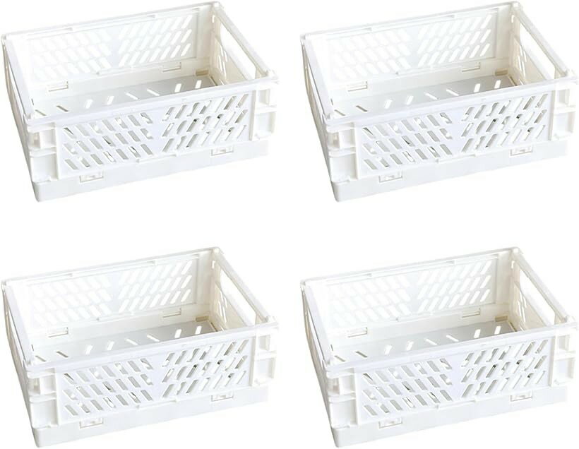 折りたたみ 収納 コンテナ 4個セット ミニ ボックス 小物入れ プラスチック 卓上 ケース デスク 整理 整頓 省スペース 積み重ね かご 組み立て 簡単 文房具 (ホワイト, 大)
