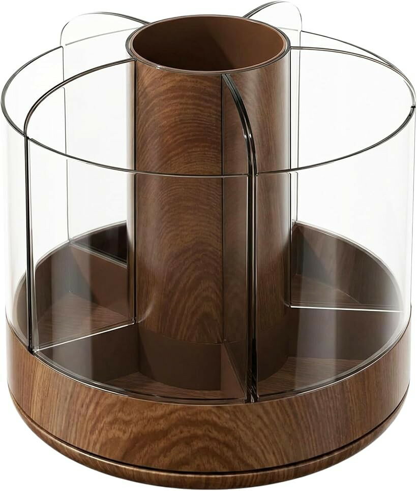 Makeup Boxes - メイクブラシスタンド 回転式 360度 化粧品 収納 ボックス 木目調 透明 アクリル コスメ収納 卓上 大容量 5仕切り おしゃれ 北欧風 (ブラウン)