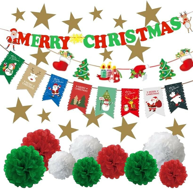 ミウォルナ クリスマス 飾り ガーランド 飾り付け 7種類セット 装飾 壁飾り デコレーション 豪華 大容量セット ボンボンフラワー オーナメント スター ツリー 星 飾りつけ