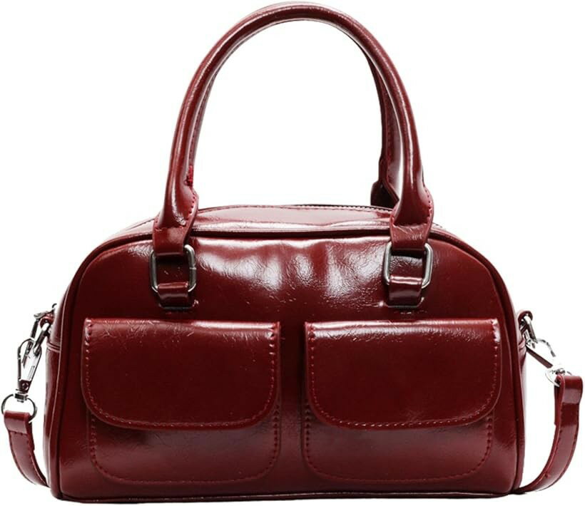 Boston Bags - ダブルポケット ミニボストンバッグ ショルダー 横長バッグ レディース ショルダーバッグ ハンドバッグ 2WAY 小さめ 肩掛け 斜めがけ 横長ボストン 幅広 トレンド かばん 鞄 おしゃれ 可愛い 人気 (レッド)