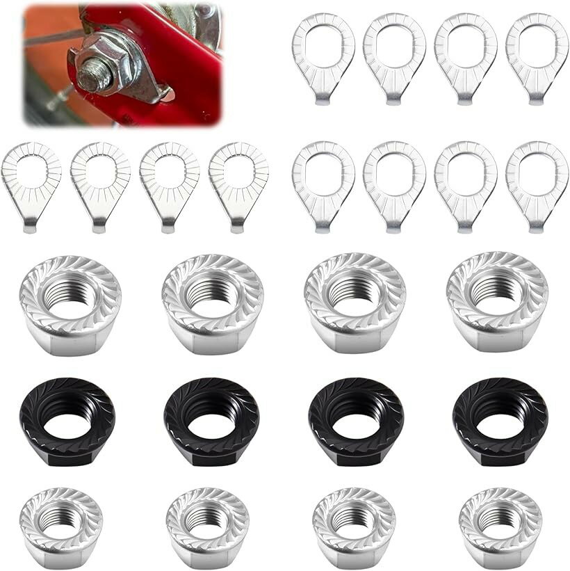 24PCS 前輪ハブ軸用取り付けナット 自転車用 12PCS バイクナット 12PCSセーフティワッシャー M8 M9.5 M10ネジサイズ ブラック/シルバー 自転車ハブ部品 フロント/リアホイール用