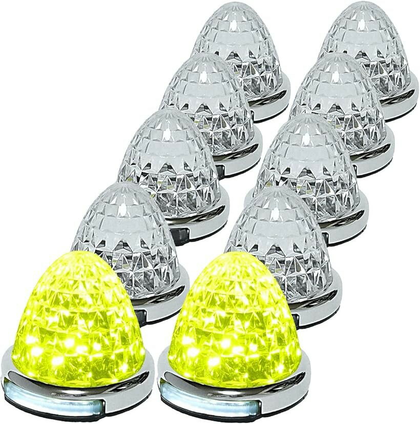 樂天商城 - 互換品 カスタマイズ 12V 24V トラック用 LED マーカーランプ 路肩灯機能付 サイド メッキリング 5面クリスタルカット仕様 22LED 汎用 (イエロー, 10個セット)