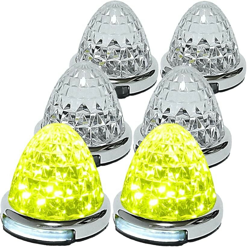 Rakuten - カスタマイズ 12V 24V トラック用 LED マーカーランプ 路肩灯機能付 サイド メッキリング 5面クリスタルカット仕様 22LED 汎用 (イエロー, 6個セット)