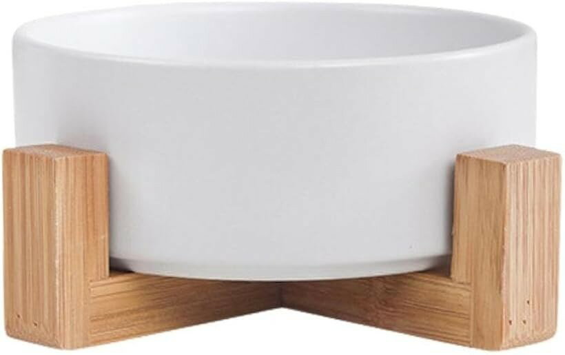 猫 餌入れ 犬 食器 フードボウル ウォーターボウル 水入れ 陶器 滑り止め 木製スタンド付 (ホワイト)