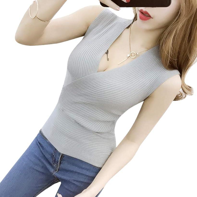 ニット レディース セクシー ノースリーブ セーター Vネック トップス 胸元 リブ カシュクール カットソー