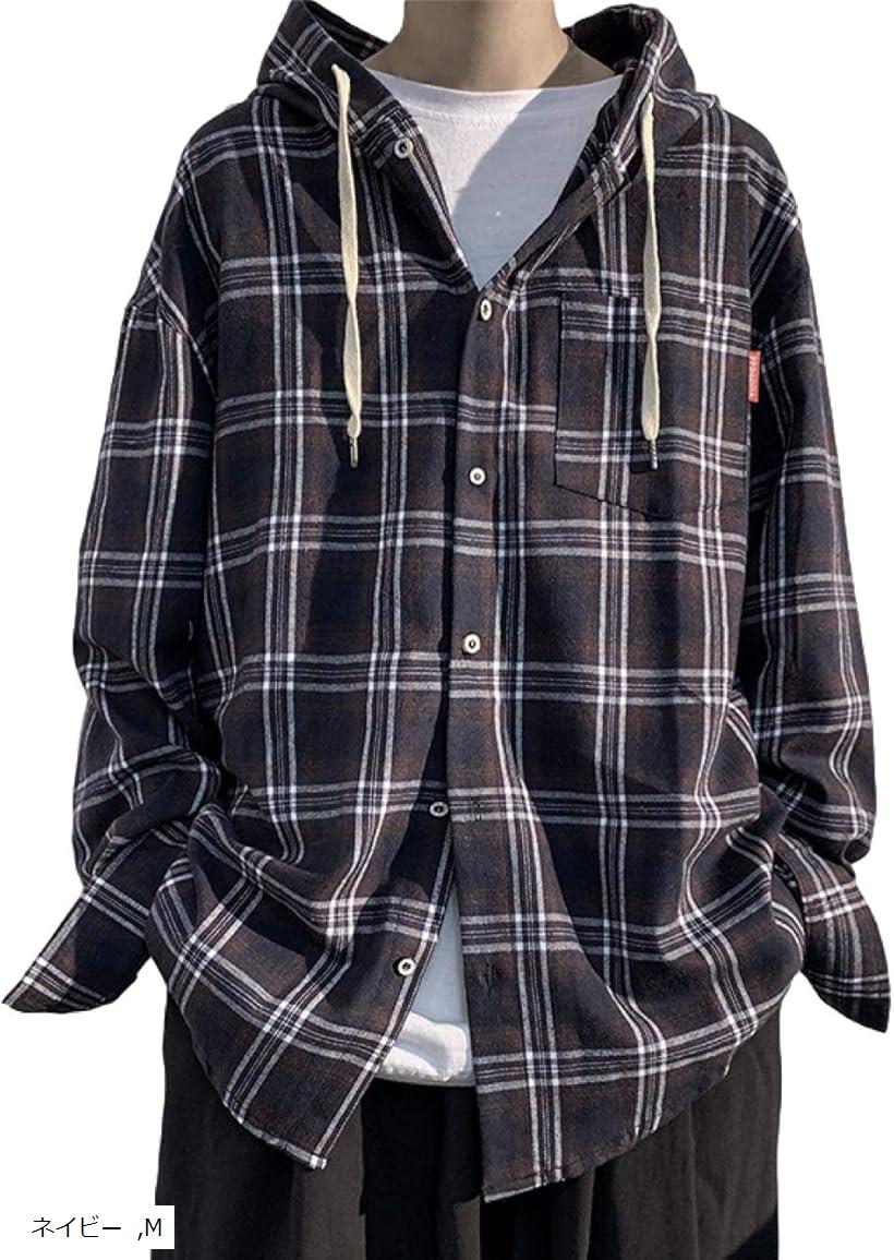 チェック パターン シャツ パーカー ビックシルエット ストリート カジュアル 長袖 トップス ジャケット ネルシャツ 上着 羽織 フーディー フード アウター オシャレ アメカジ かっこいい かわいい 紳士 ネイビー M