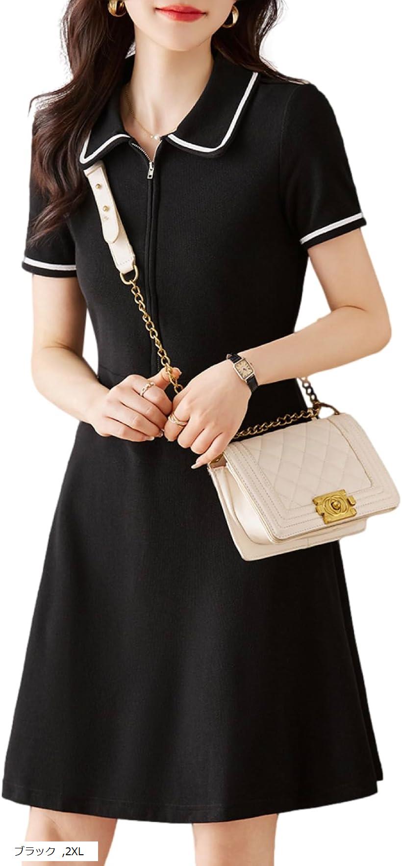 ポロシャツ ワンピース ハーフジップ カノコ 半袖 膝上 丈 春 夏 秋 レディース M S L XL ブラック 2XL