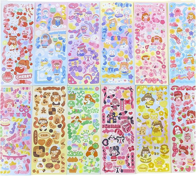 12枚シート 324枚セット韓国 キャラクター デコ ステッカー ラメ キラキラ おしゃれで可愛い ご褒美シール ごほうびシール フレーク 大量 動物 くま うさぎ 手帳 コラージュ プチ (カラフル)