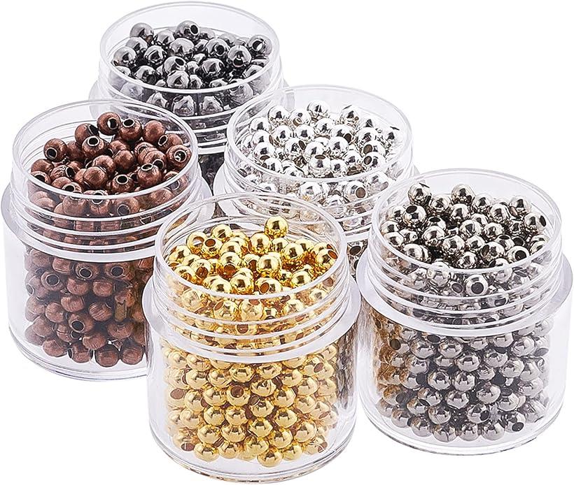 PandaHall 約270個/箱 5箱/セット 3mm メタル ビーズ 丸玉 ラウンド 大穴 金属 パーツ ジュエリー DIY用 手芸用品 クラフト用品 ハンドメイド 手作り素材 5色