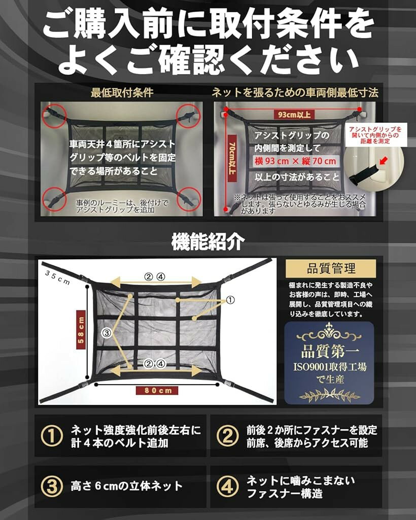 車 収納 天井 ルーフネット ルーフボックス Mサイズ 80x58cm カーゴネット ラゲッジネット 車中泊 日本語取説 R5年改良モデル