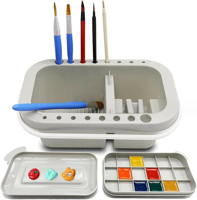 筆洗い バケツ 絵具 ブラシスタンド 絵皿 画材 取っ手付き アクリル絵の具 水彩画用パレット 3段式 (フリー)