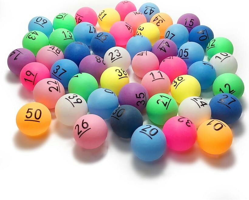 Bingo - 1-50 抽選ボール 用 数字入り ピンポン玉 カラフル MIX ビンゴ くじ引き 抽選会 ロト予想 E365 (カラフルMIX, 数字1-50)