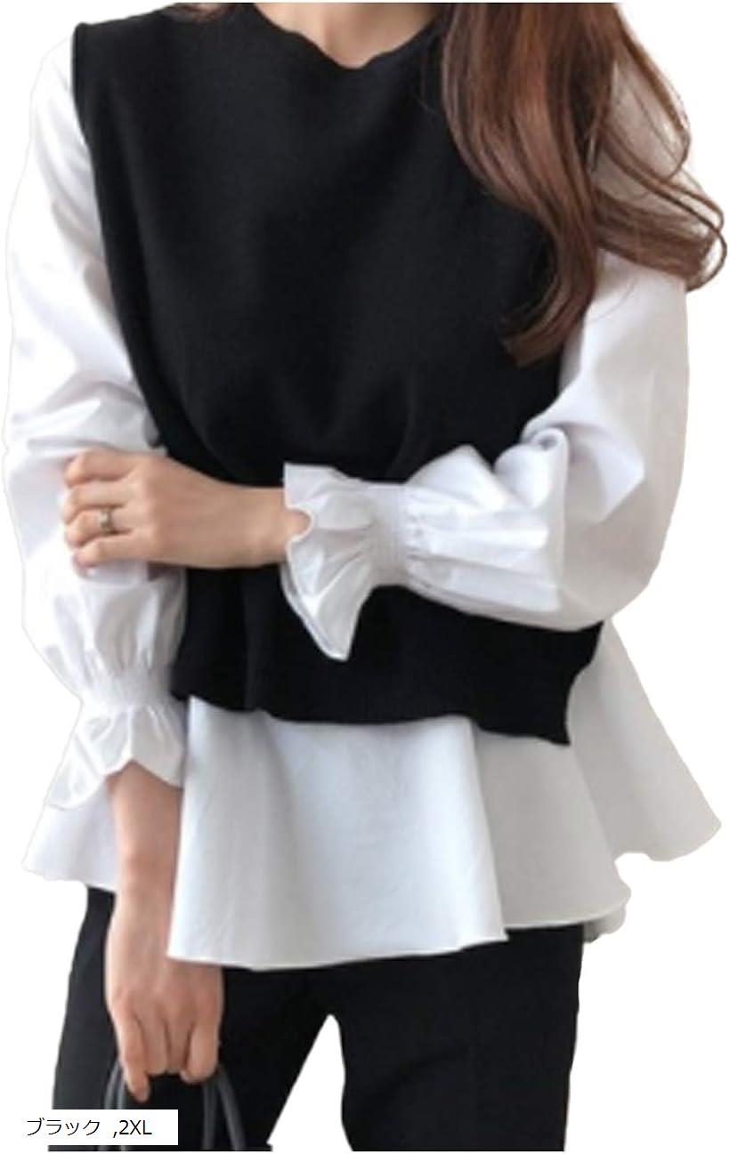 オーバーザムーンブラウス ベスト 2点セット 長袖 フリル シャツ レディース ネイビー XL L M ブラック 2XL