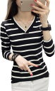ボーダー柄 カットソー 長袖 Tシャツ ロンT Vネック インナー 薄手 ストレッチ おしゃれ きれいめ シルエット スリム かわいい レディース TSHT04...