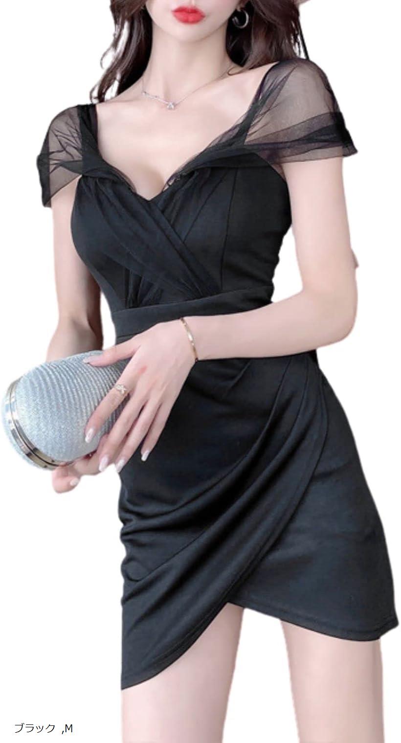 肩出し シフォン レース カシュクール オフショルダー タイト セクシー ミニ ドレス パーティ レディース ピンク L XL S ブラック M