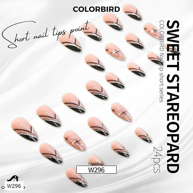 ネイルチップ ショート 24枚 黒 付け爪 短め 可愛い ポイント ラウンド W296